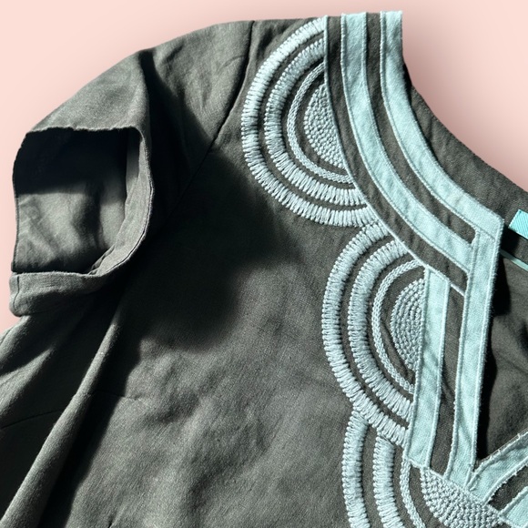 Women’s Boden Military Green Light Blue Embroidered Collar Linen Dress Size 12 - Picture 8 of 16